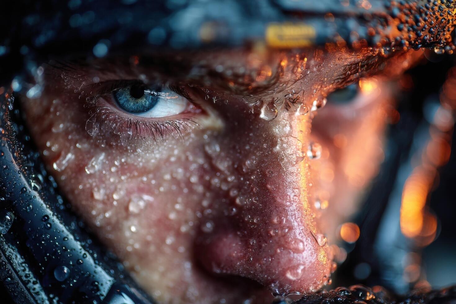 A close up of a man with water on his face photo
