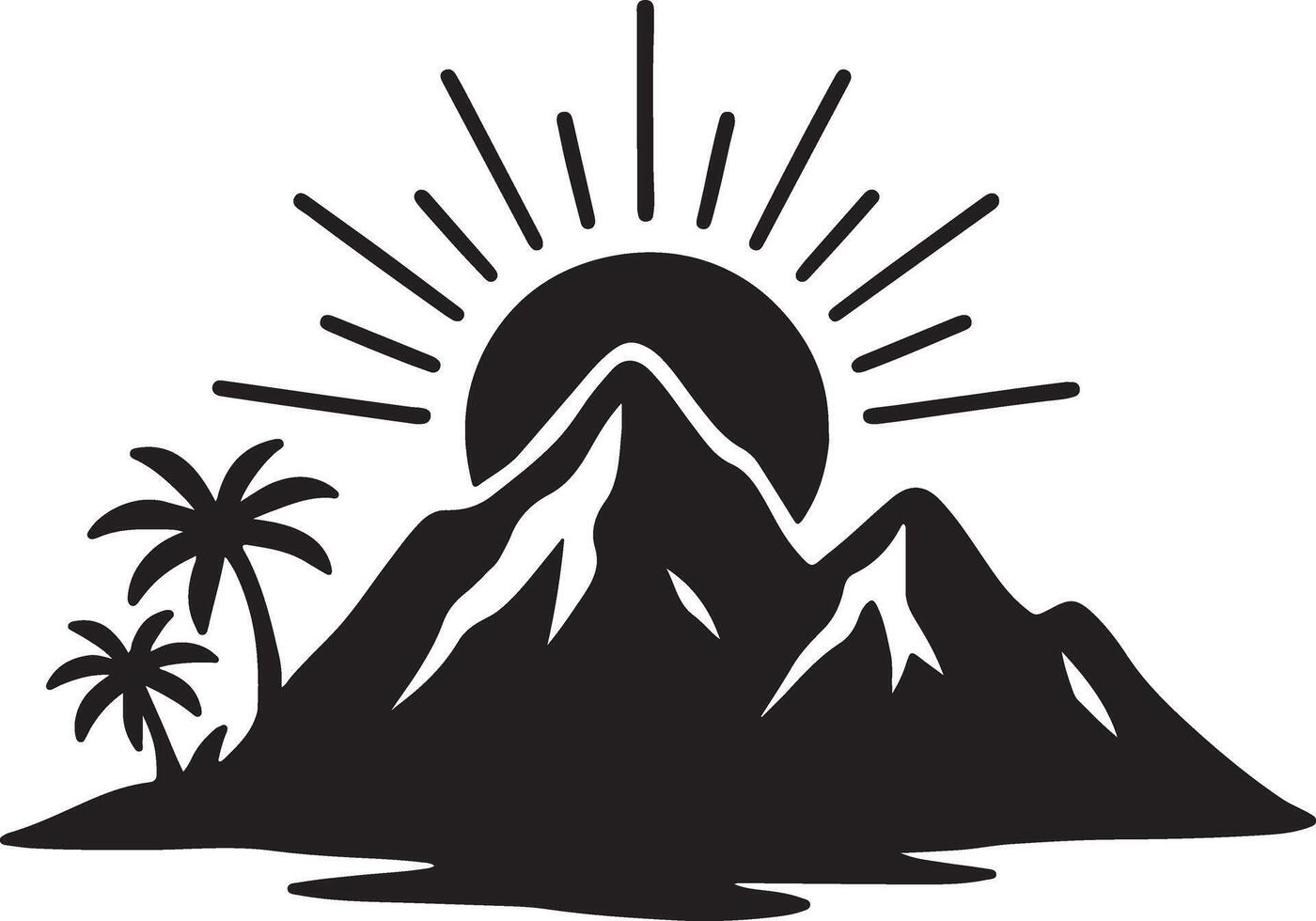 Serene Tropical Mountain Sunrise Peaceful Island Landscape Illustration with Palm Trees and Sun - Professional digital artwork with vibrant colors and detailed composition vector