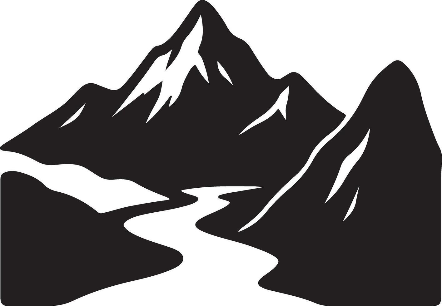 Serene Black and White Illustration of Majestic Mountains and a Winding River, Evoking a Sense of Tranquility and Adventure vector