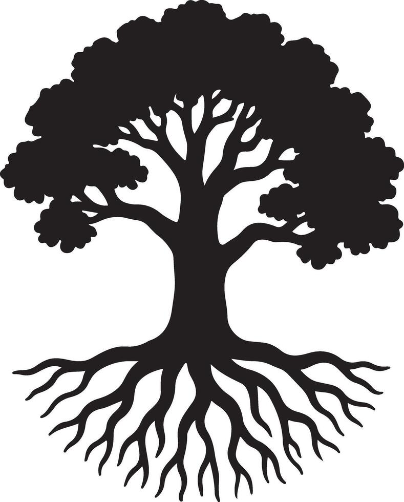 Majestic Black Silhouette of a Tree with Deep Roots, Symbolic of Natures Strength and Resilience, Isolated on White Background vector