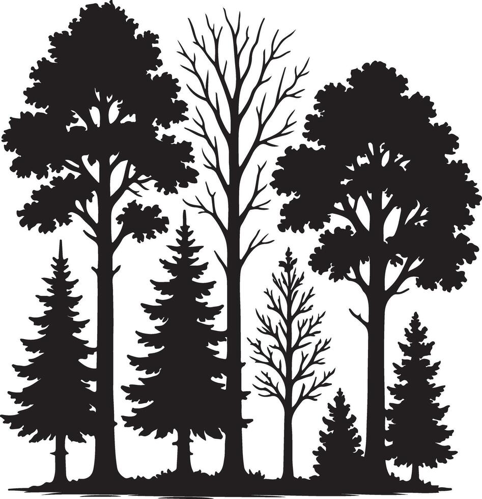 Majestic Black Silhouette of Diverse Trees in a Serene Forest Setting, Evoking a Peaceful Mood vector
