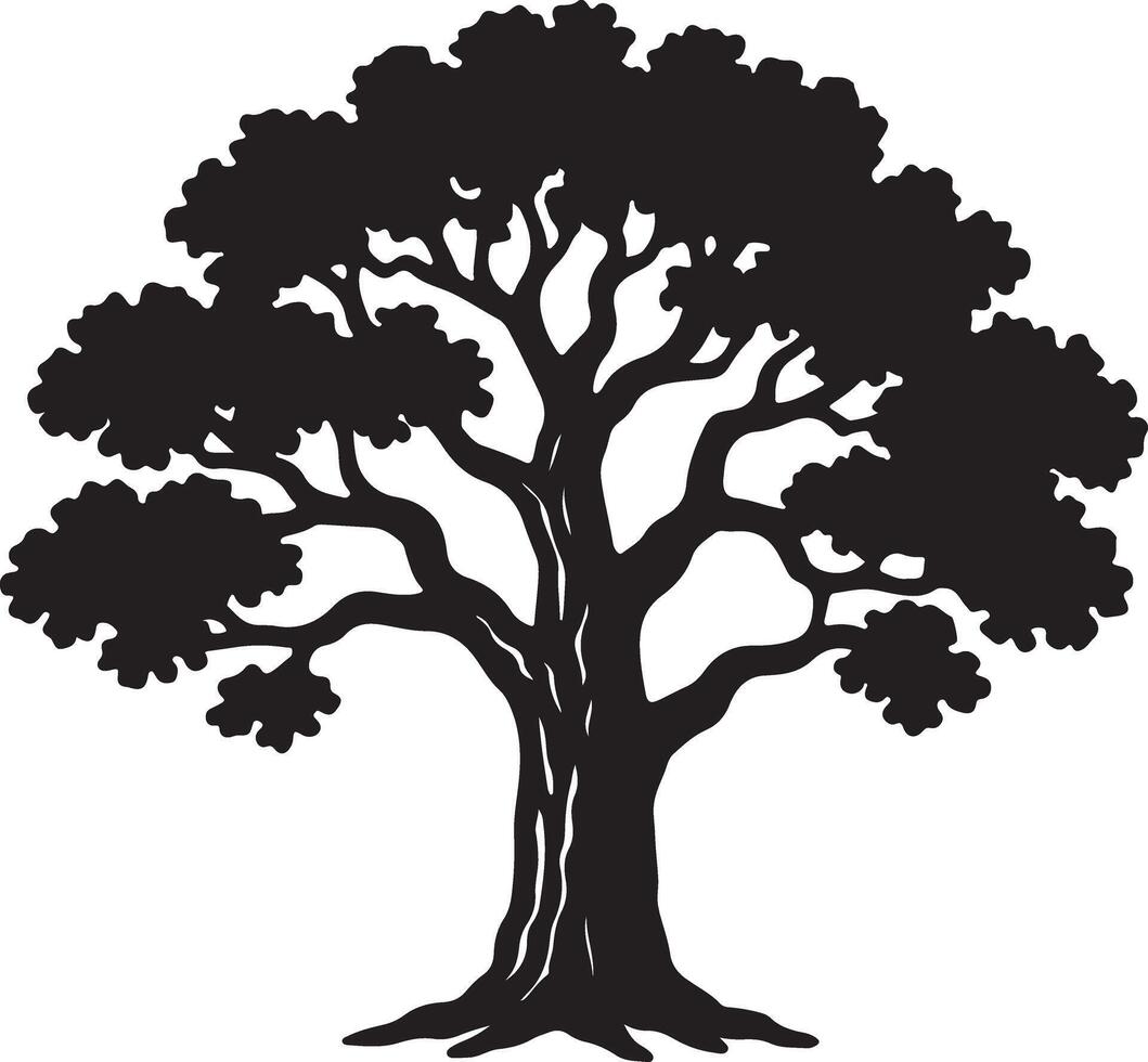 Majestic Silhouette of a Mighty Oak Tree Standing Tall Against a White Background, Evoking a Sense of Serenity and Timeless Strength vector