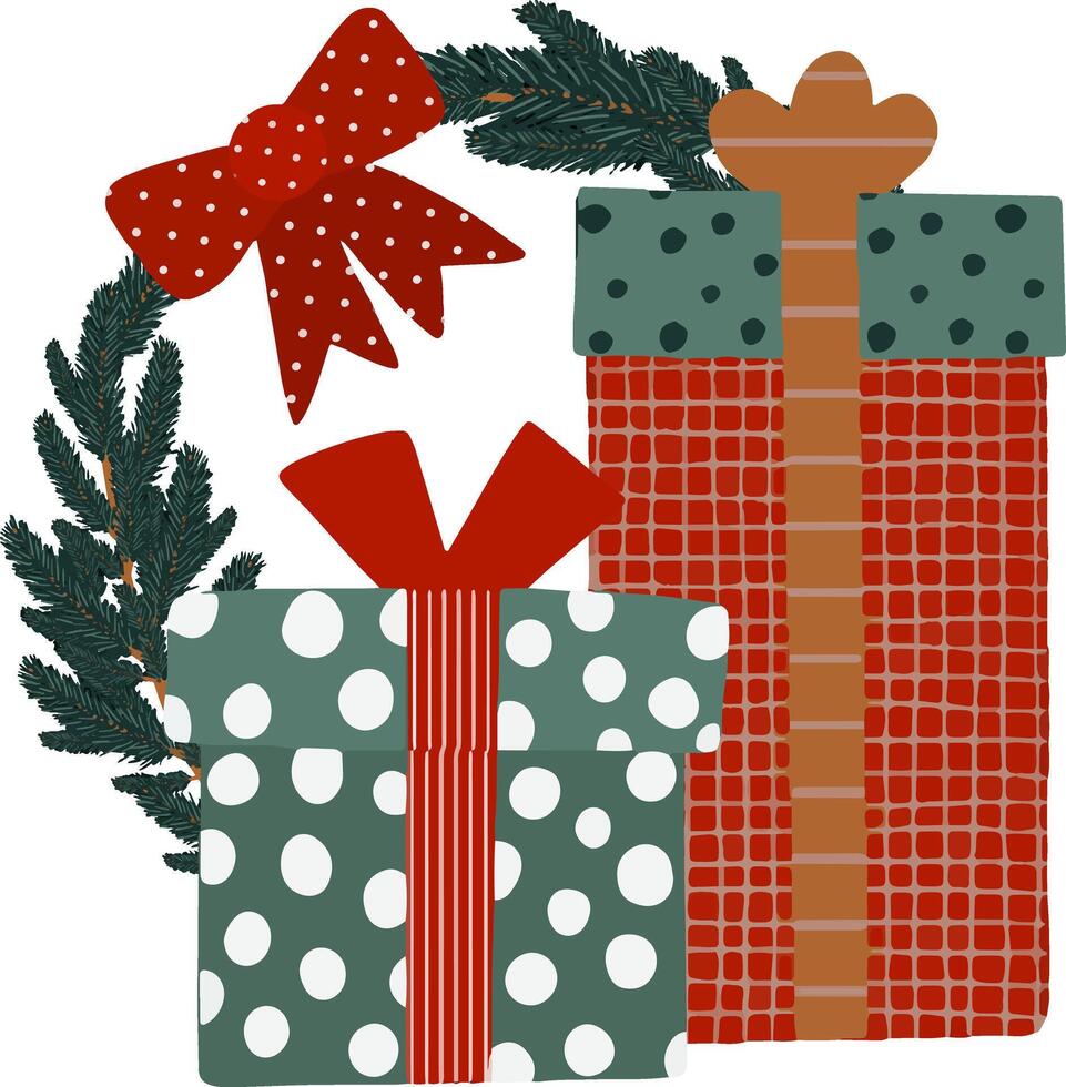 colorful gift boxes with ribbons and wreath vector