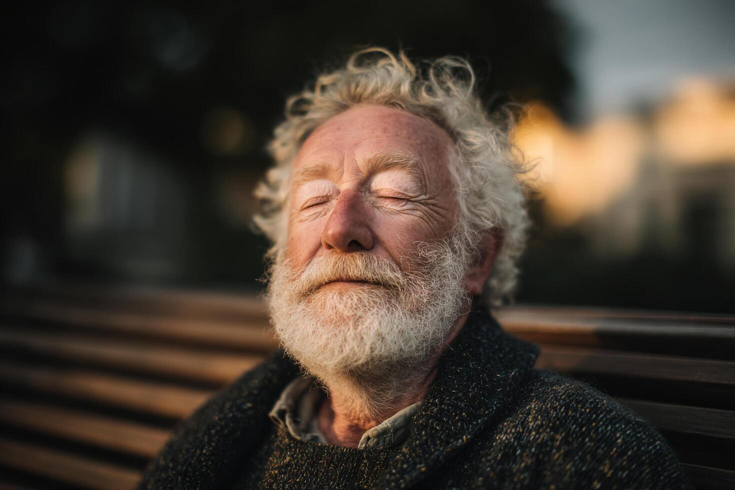 An older man with a beard and white hair sitting on a bench photo