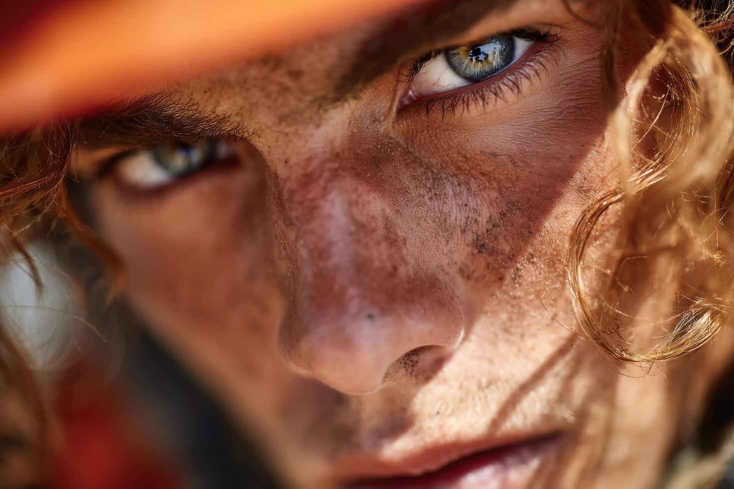 A close up of a man with freckles and a hat photo