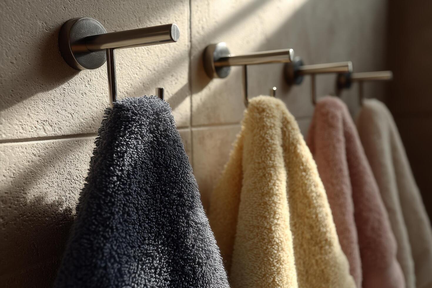 A row of towels hanging on a wall photo