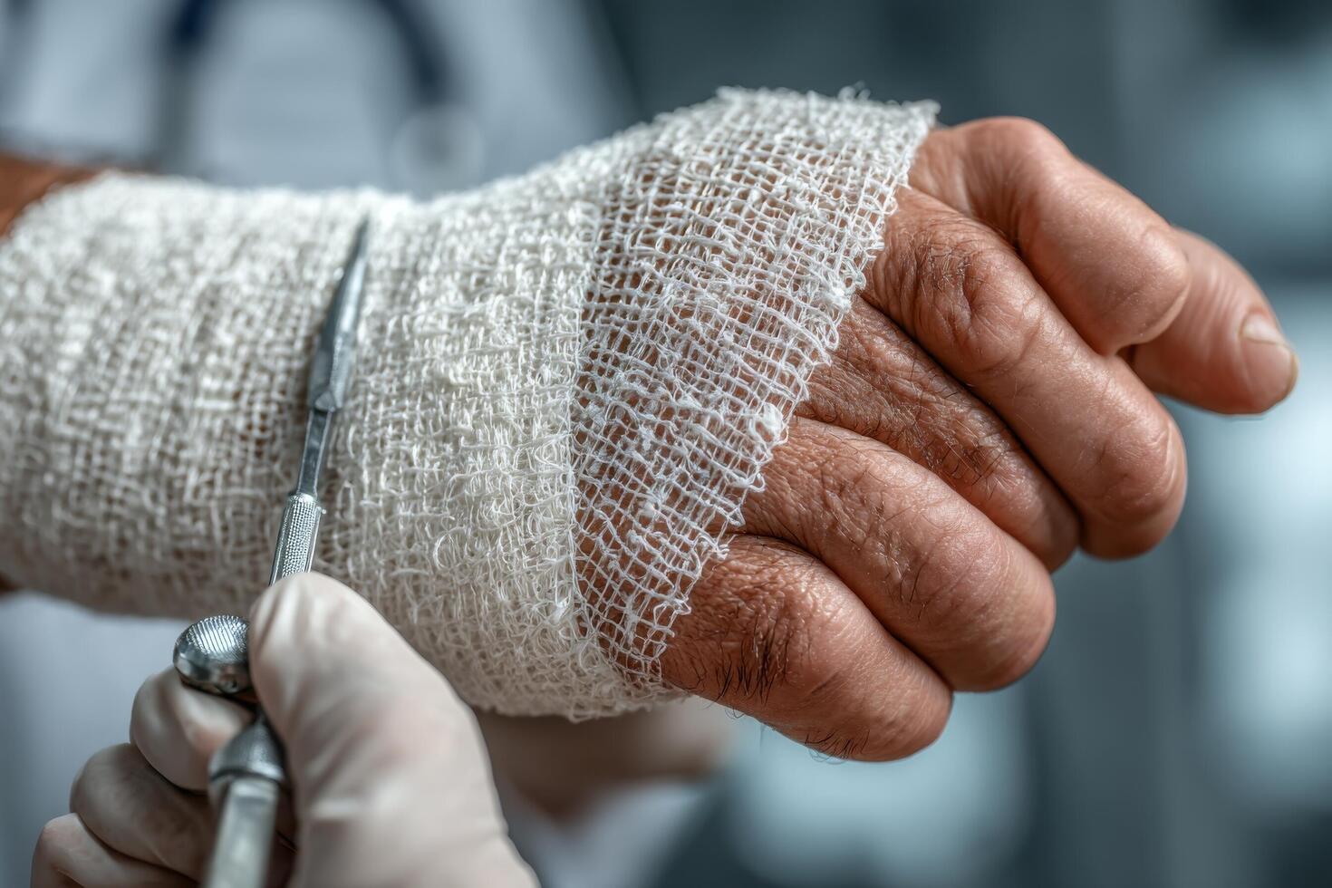 A doctor holding a bandage on a hand photo