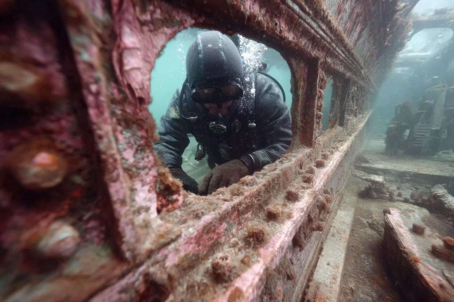 A diver looks through the window of an old ship photo