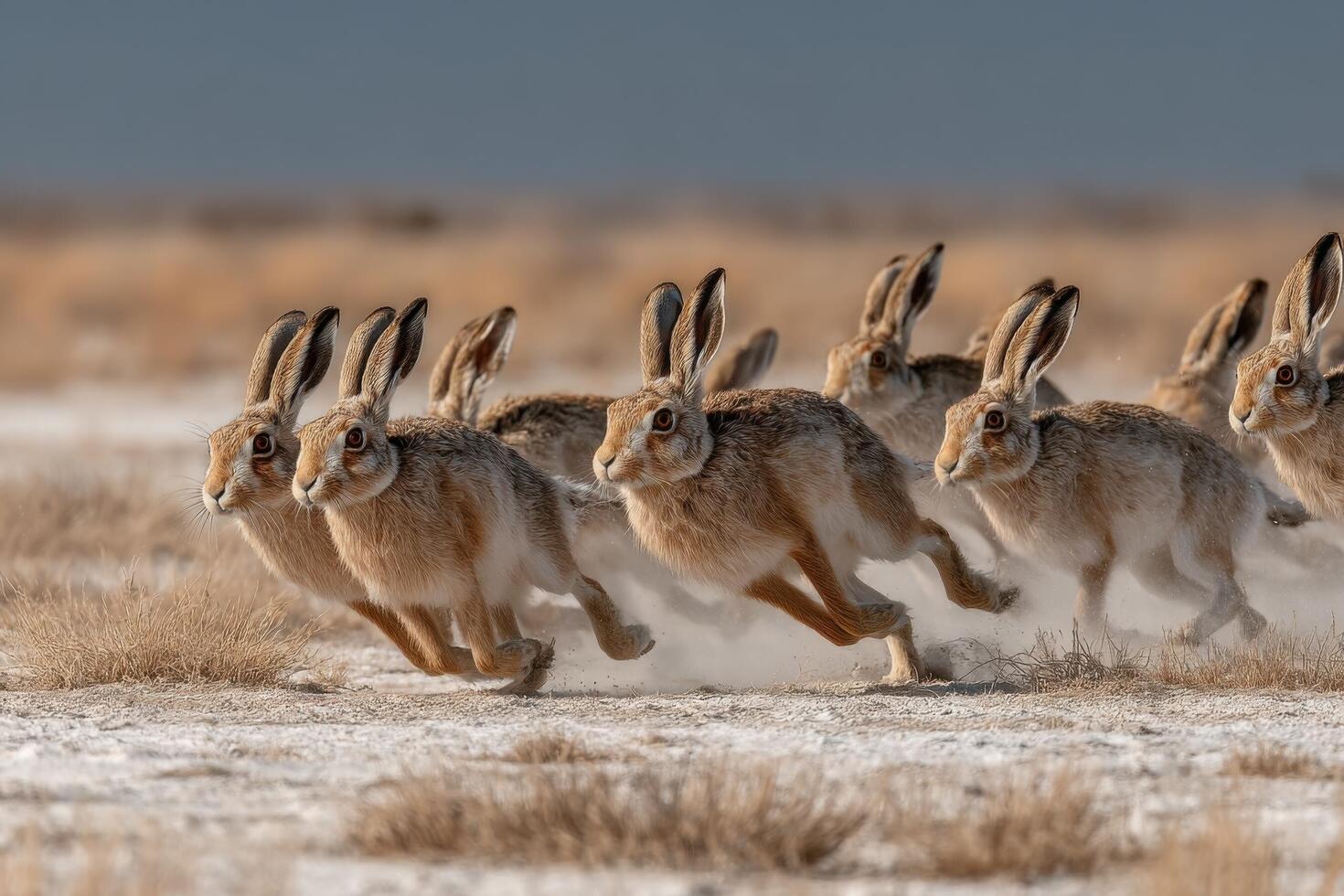 A group of rabbits running across a field photo