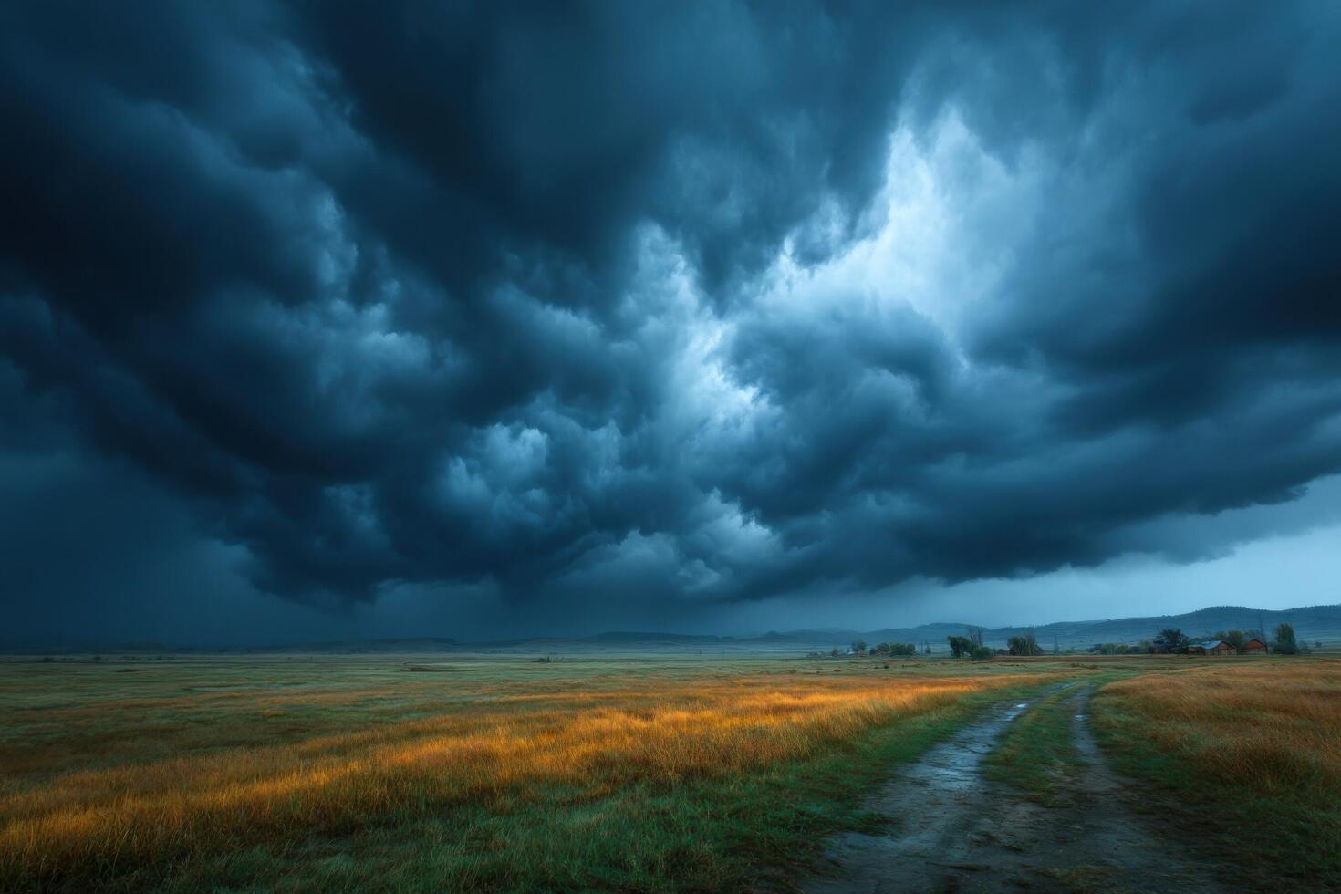 A dark storm clouds over a field photo