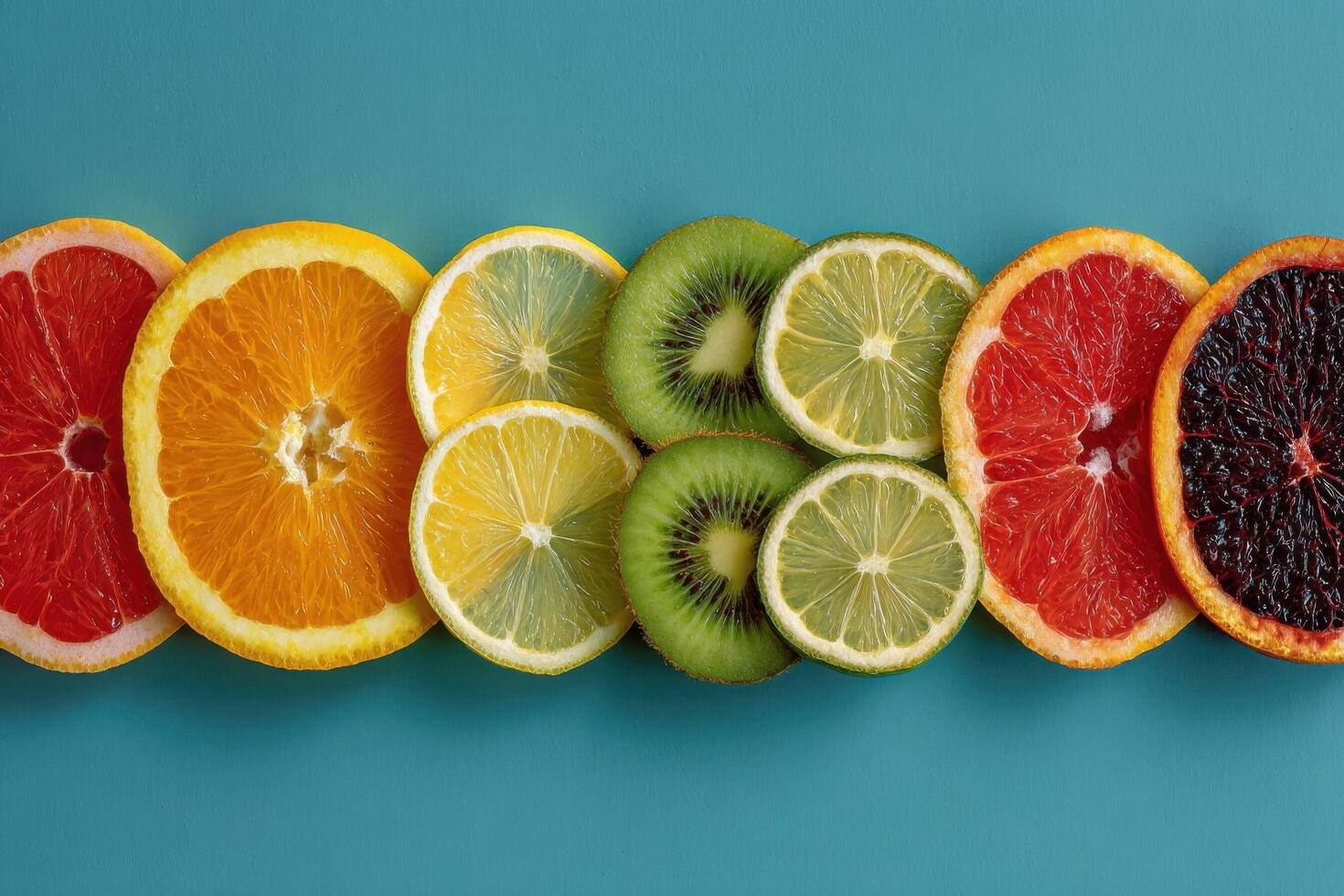 A group of sliced citrus fruits arranged in a row photo