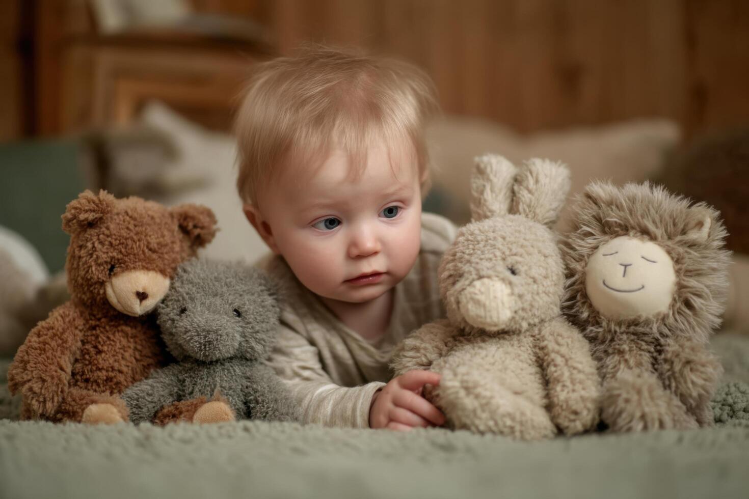 A baby is laying on the floor with four teddy bears photo
