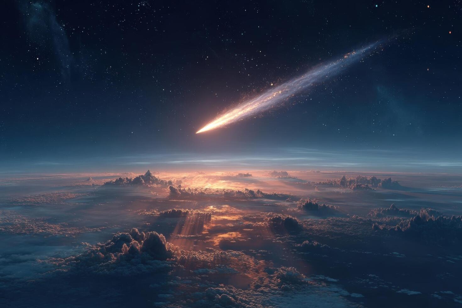 A comet is seen in the sky above clouds photo
