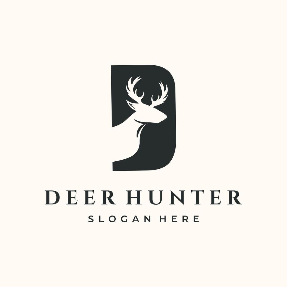 illustration, design, retro, deer, hunter, hunting, animal, wildlife, head, silhouette, letter, d, antler, horn, nature, outdoor, sport, game, wild, mammal, graphic, element, symbol, icon, classic vector