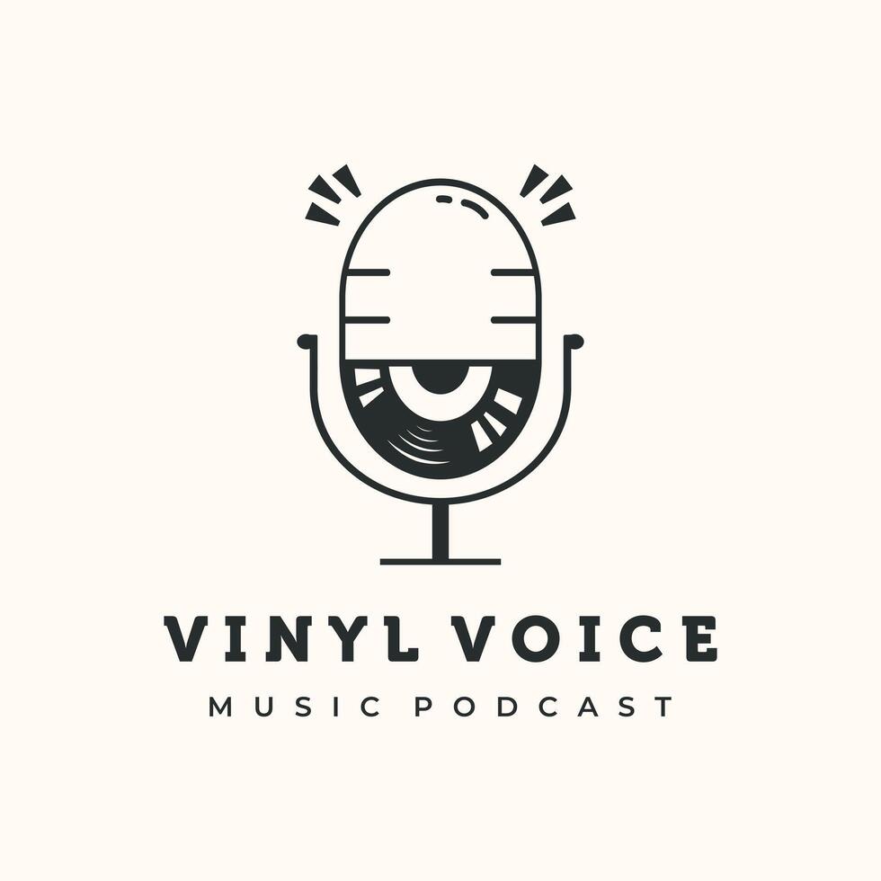 Podcast vintage logo minimalist illustration design, Microphone and Vinyl Record Illustration logo design vector