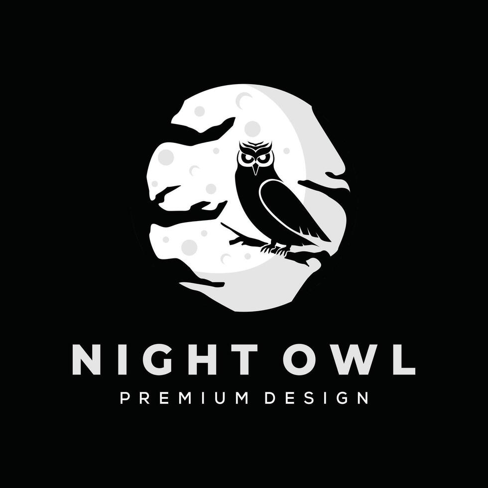 owl moon vintage logo minimalist illustration design, dark owl symbol vector