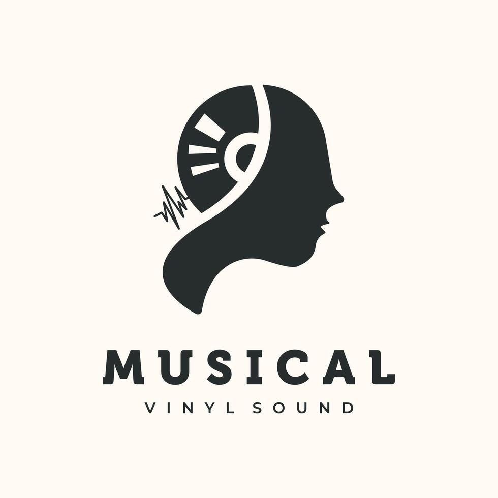 Musical Vintage Logo with Female Head and Vinyl Sound Design, female silhouette with integrated vinyl sound elements and audio wave Symbol Design vector