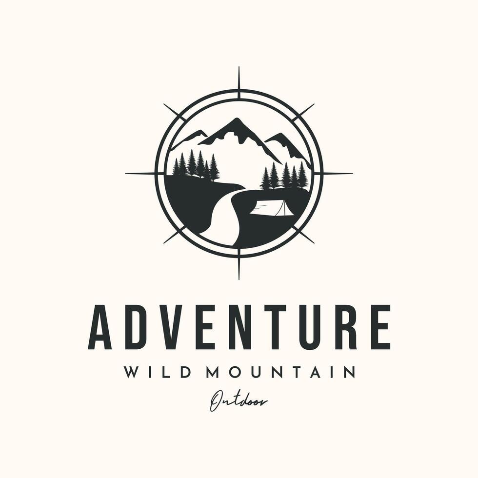 mountain compass vintage logo veminimalist illustration design, adventure mountain view symbol design vector