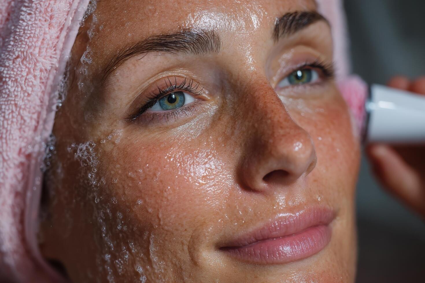 A woman with a towel on her head is using a hair dryer photo
