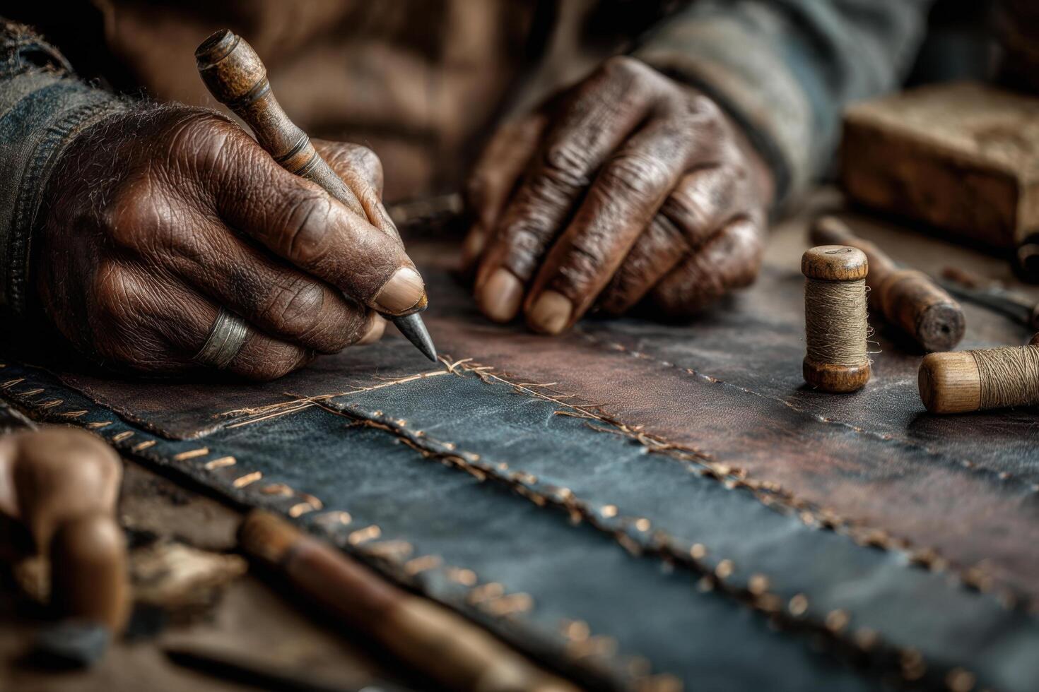 A man is working on a leather piece with a sewing machine photo