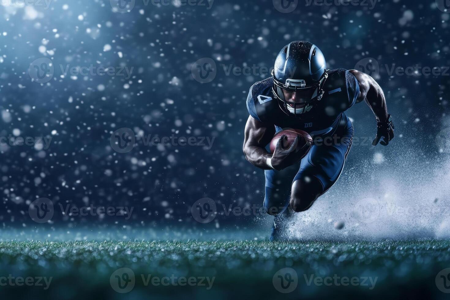 Dynamic football player sprinting through snow during a night game, showcasing agility and determination on the field photo