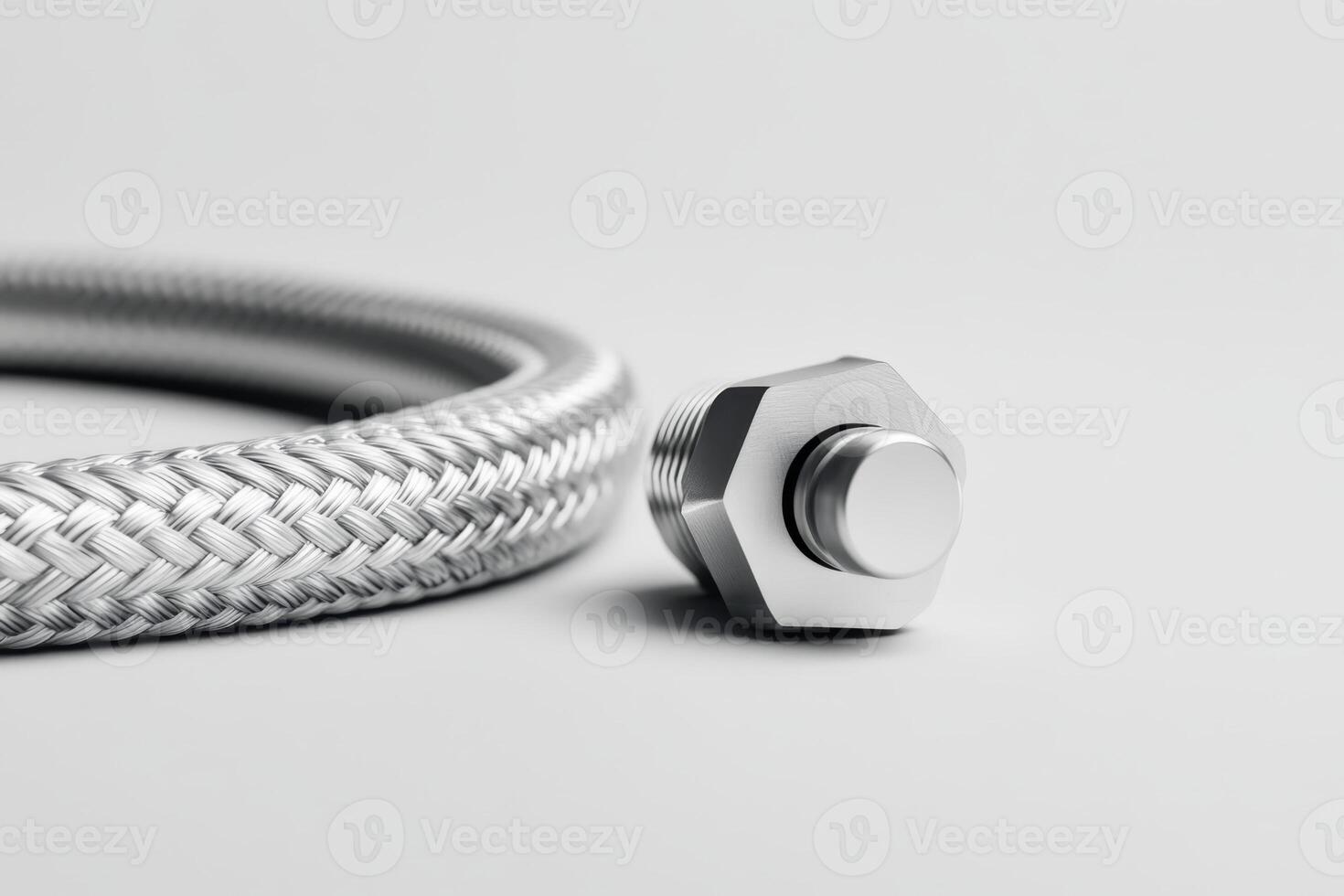Metal braided hose and fitting on a clean surface in a minimalist setting showcasing industrial design and functionality photo