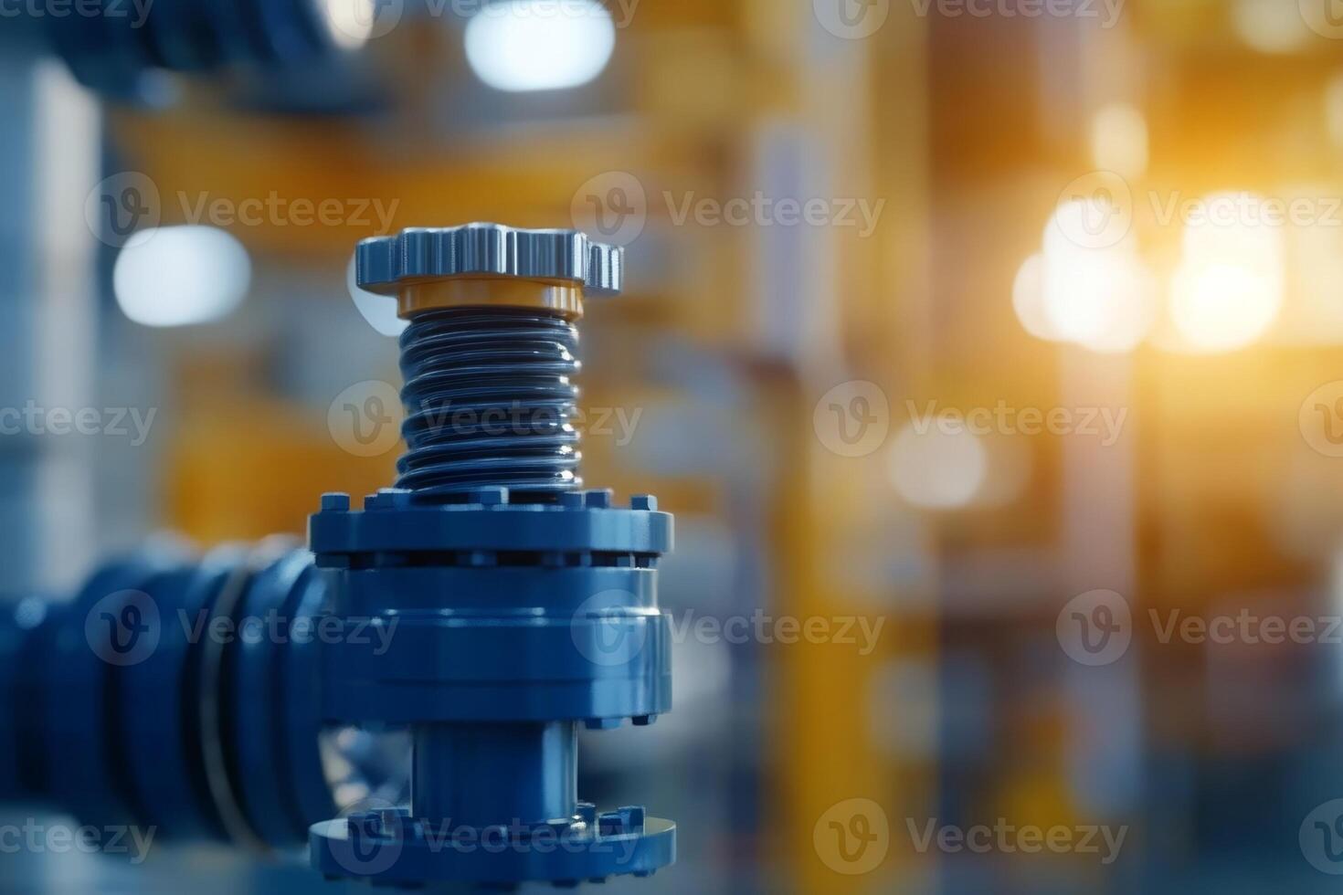 Industrial machinery components with screws and fittings in a factory setting during sunset photo