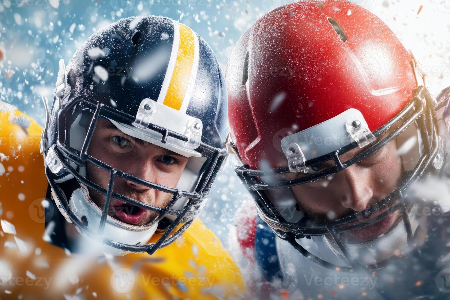 Two football players collide in a snowy outdoor stadium during an intense game in winter conditions photo