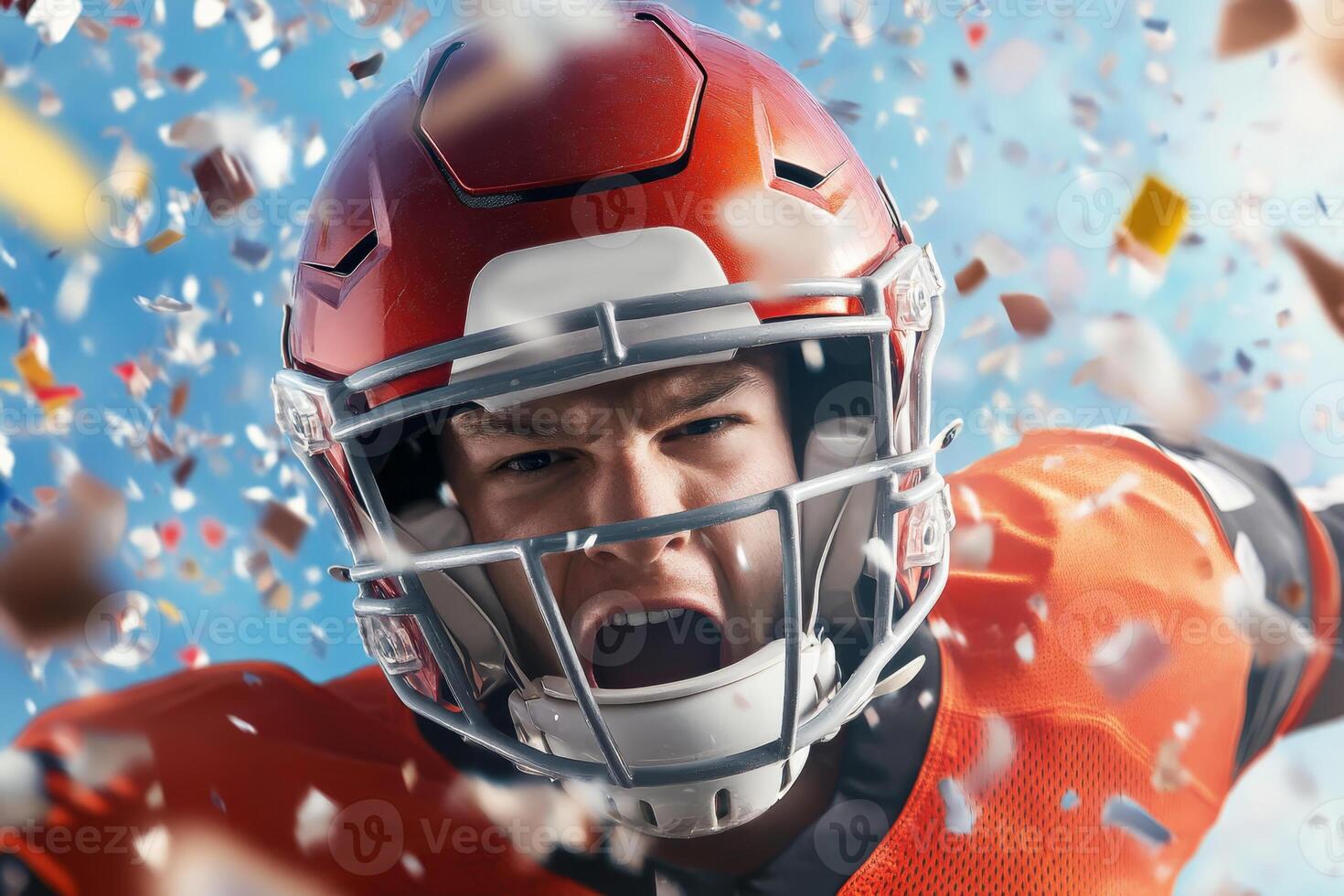 Passionate football player celebrating victory with intensity amidst a shower of confetti during an exciting match photo