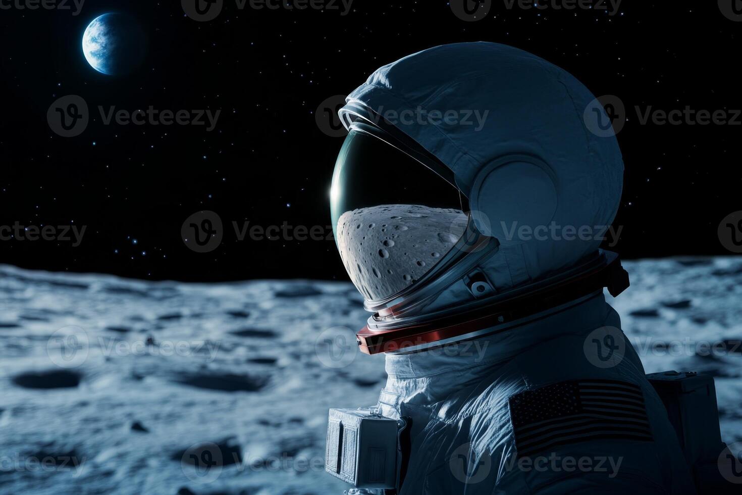 An astronaut stands on the lunar surface, facing Earth against a backdrop of stars. The scene captures the vastness of space during a tranquil moment in an extraterrestrial environment photo