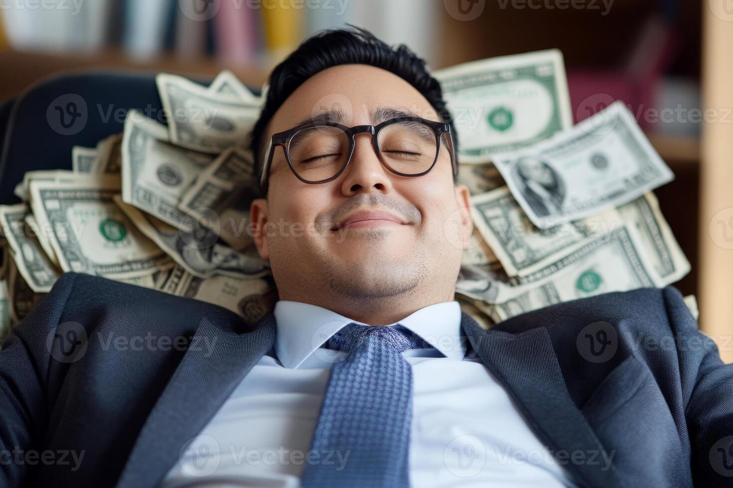 Man in business suit relaxing on chair with money surrounding him in a cozy office environment photo