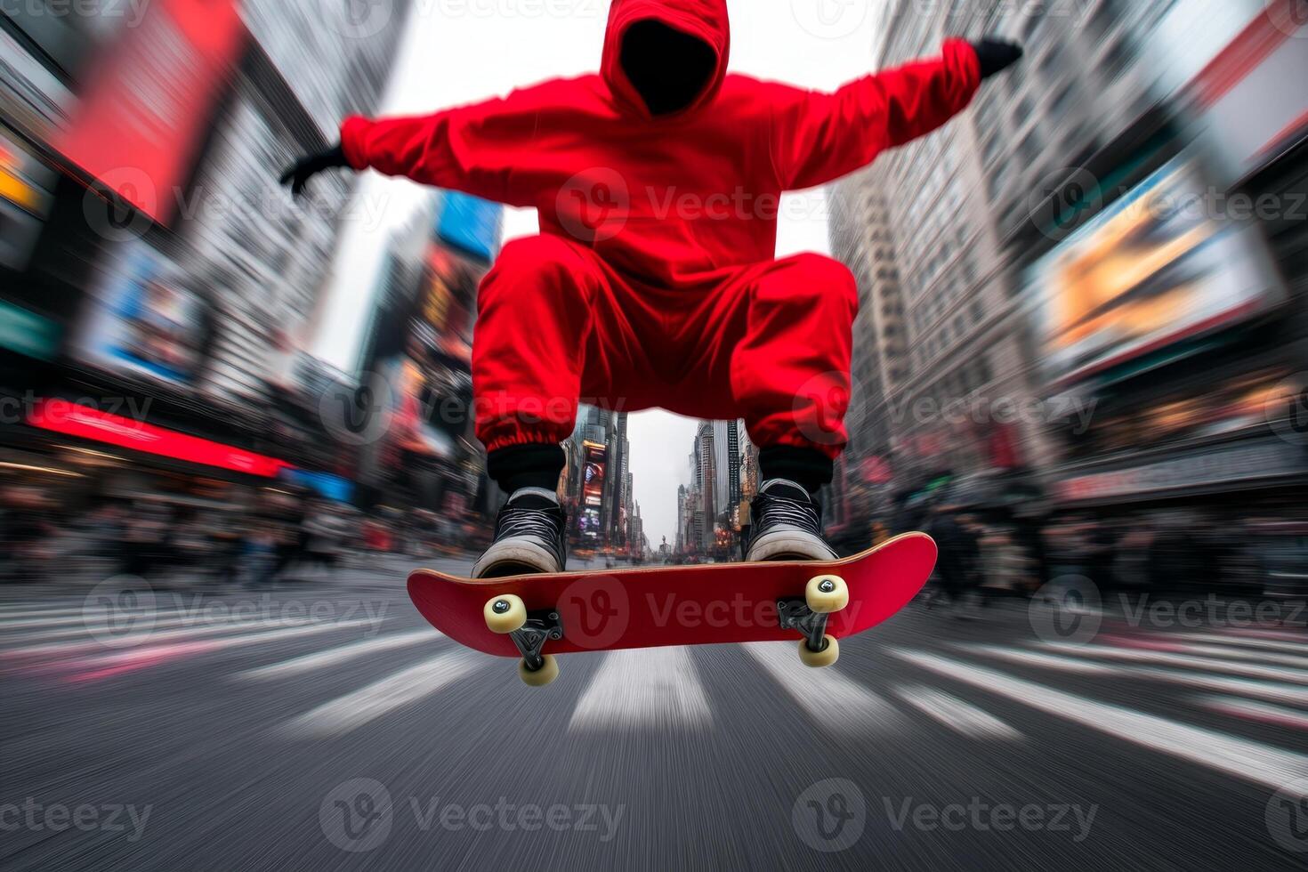 Skateboarder performs an impressive trick in bustling city street surrounded by vibrant urban life photo