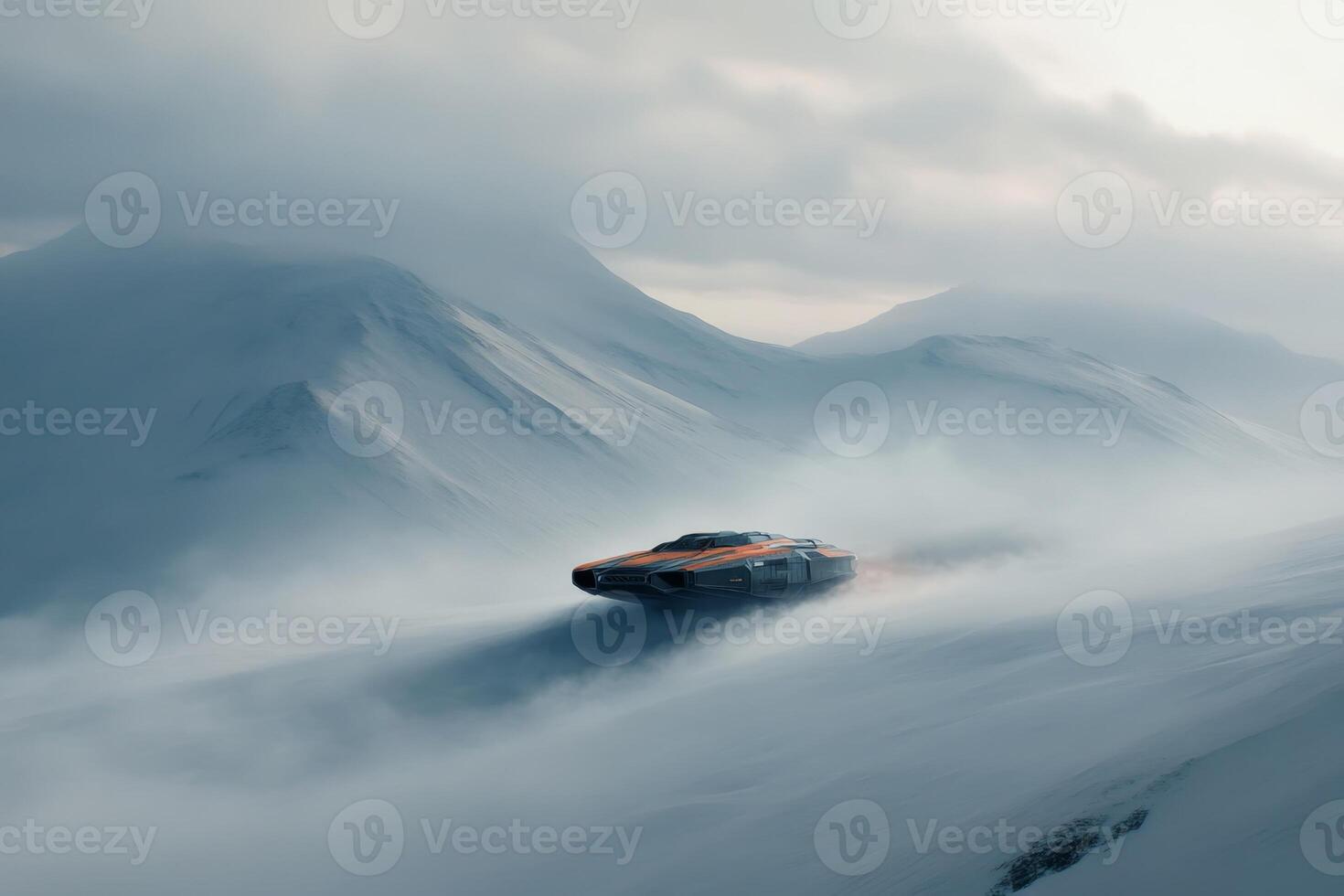 Futuristic vehicle navigating a snowy landscape in a distant, desolate setting at dawn photo