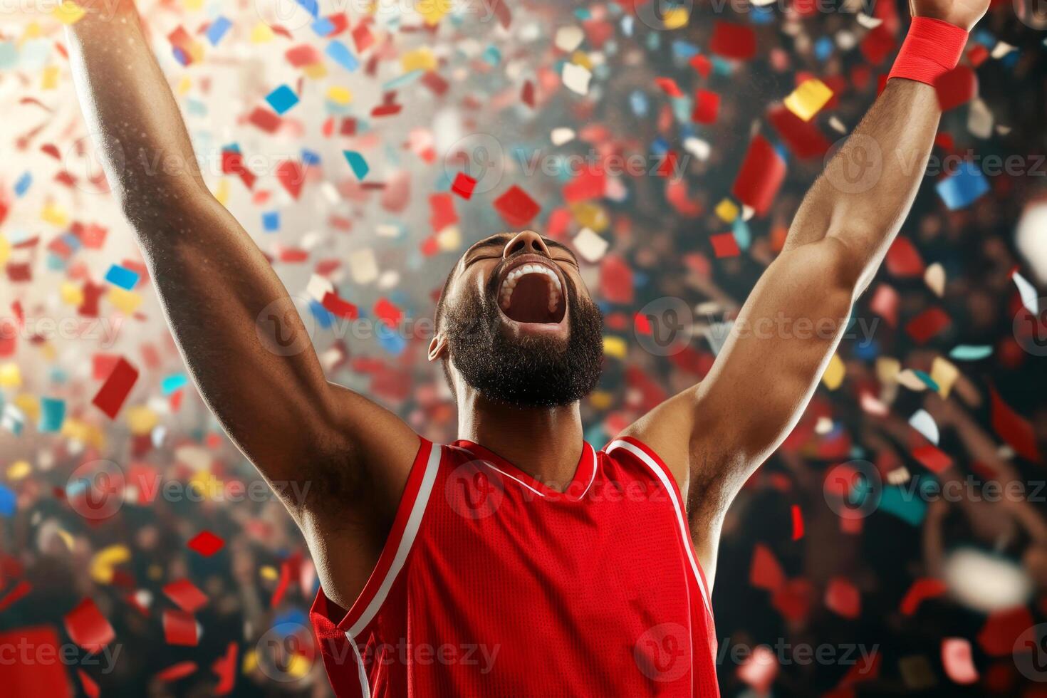 Celebrating basketball victory with joy and confetti in a vibrant arena filled with fans photo