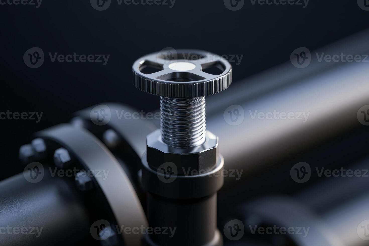 Close-up of a metallic valve on industrial piping showcasing precision engineering in a dark setting photo