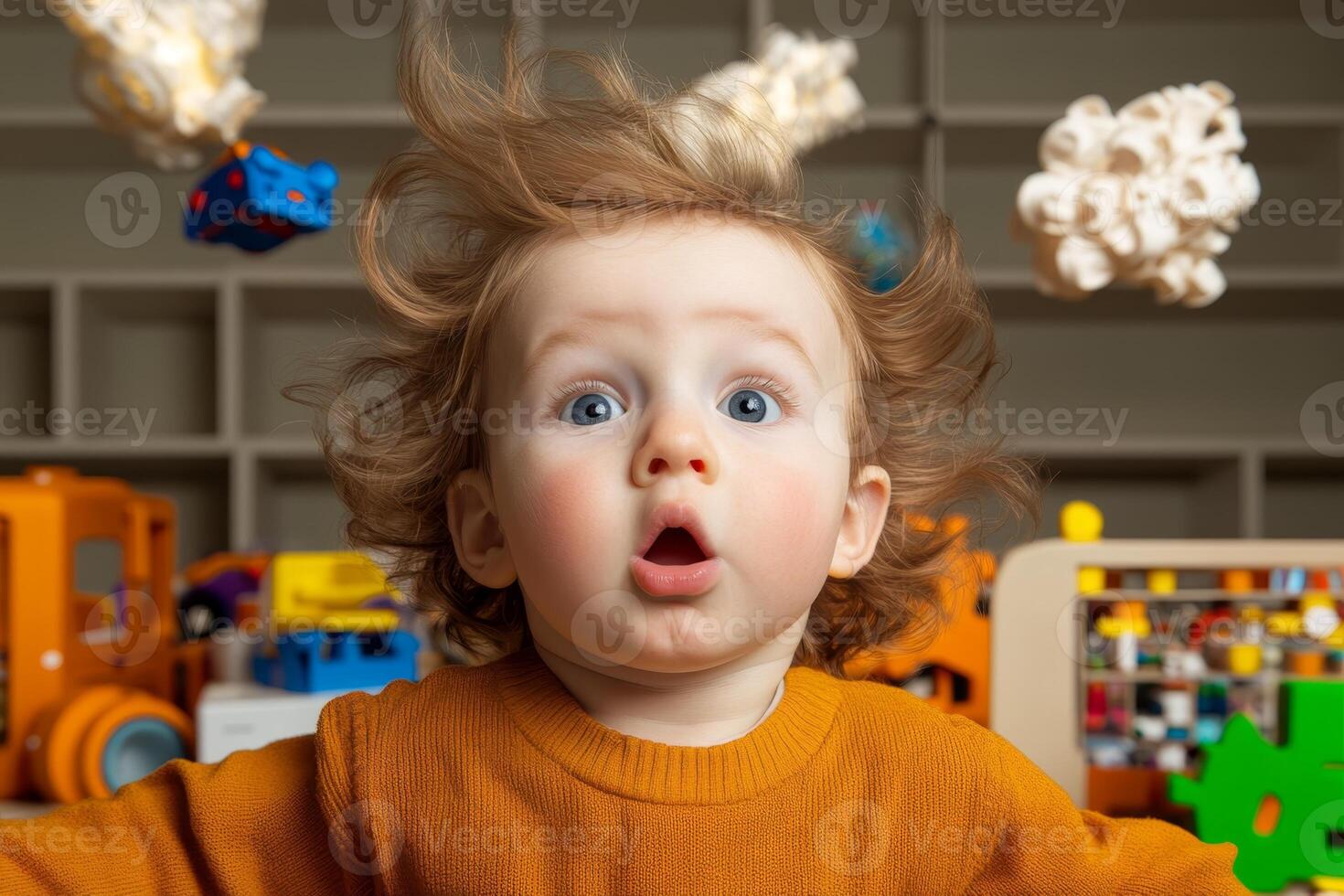 Curious toddler with surprised expression against playful background filled with toys and colorful decorations photo