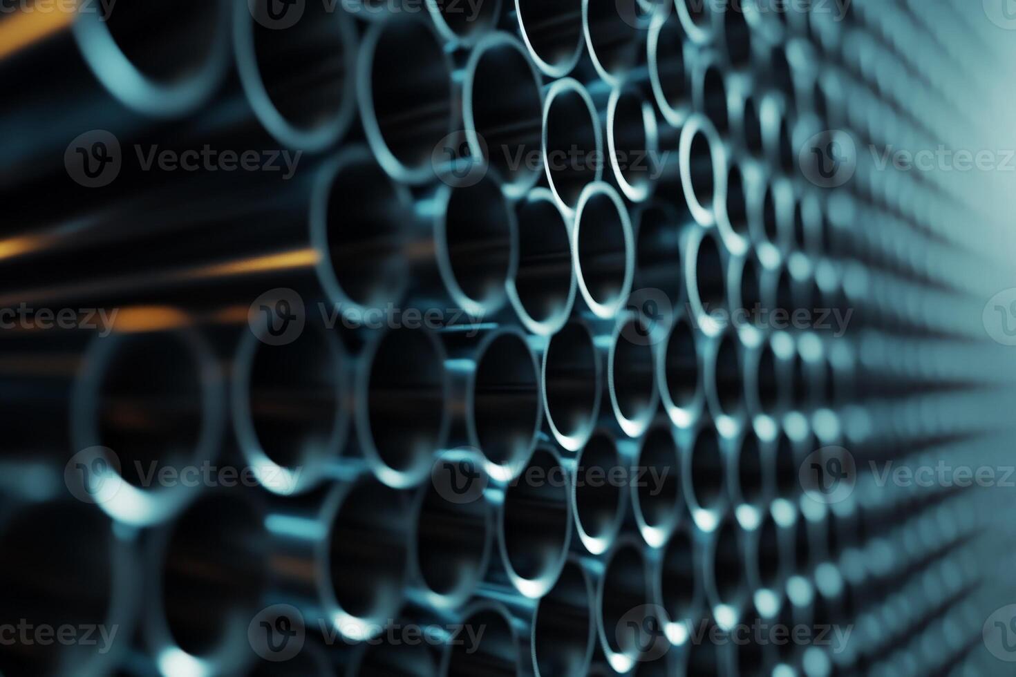 Rows of shiny metallic pipes arranged perfectly in a commercial setting under artificial lighting photo