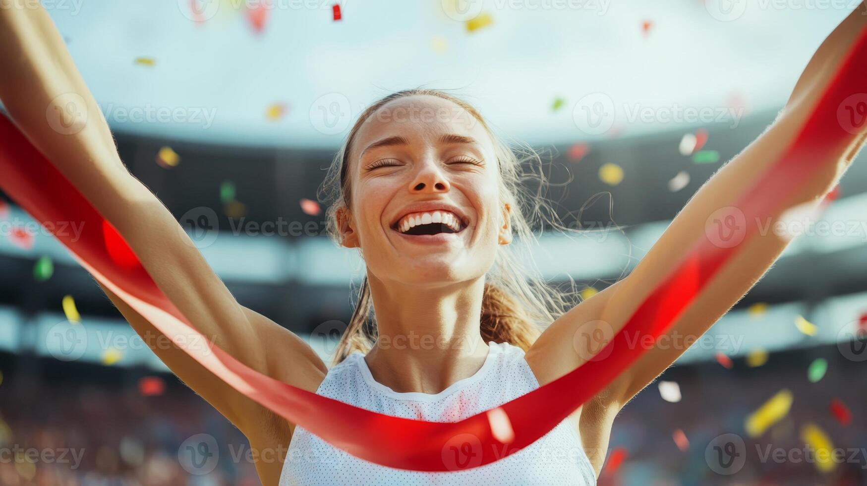 Joyful athlete celebrates victory at sports event with confetti in the air at a sunny stadium photo