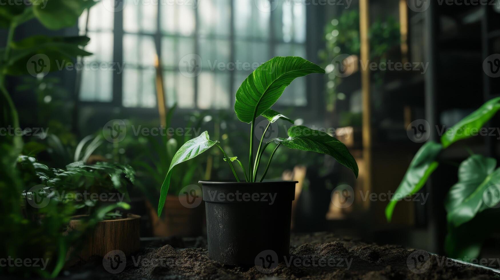 Indoor plant display in a well-lit greenhouse setting with sunlight streaming through windows photo