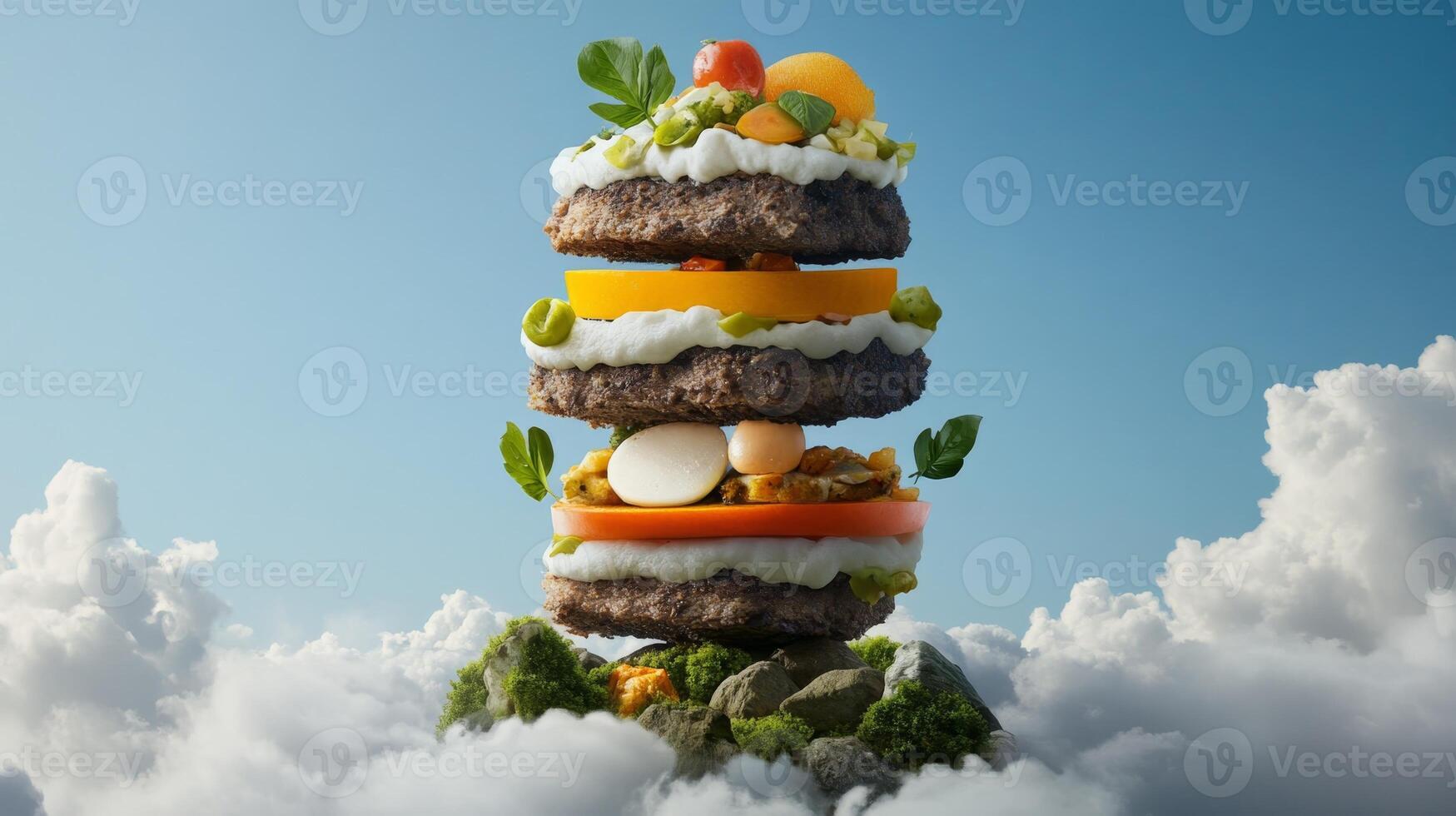 Giant burger stacked high with fresh ingredients floating among fluffy clouds in a blue sky photo