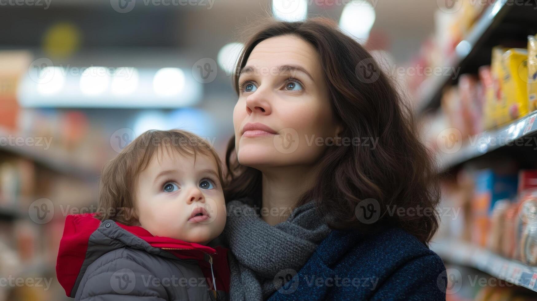 Mother and child looking up in grocery store aisle, contemplating choices and displaying curiosity in a shopping environment photo