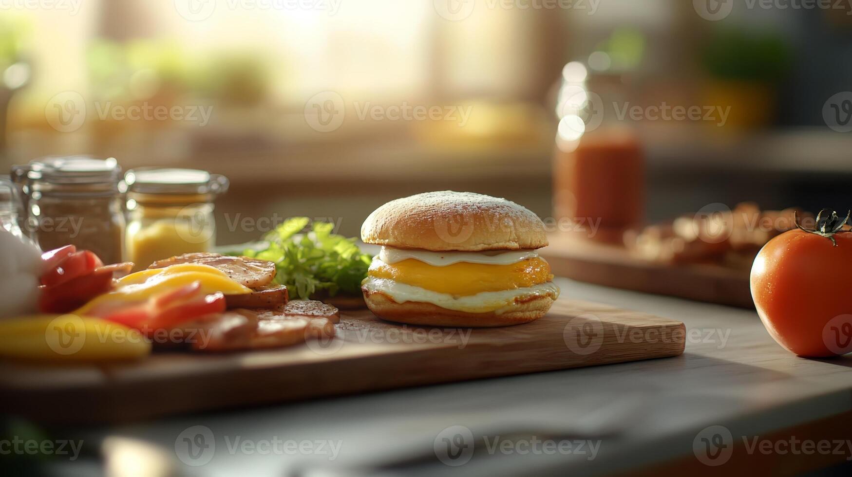 Savory breakfast spread featuring a delicious egg sandwich with fresh vegetables and condiments on a rustic kitchen table photo