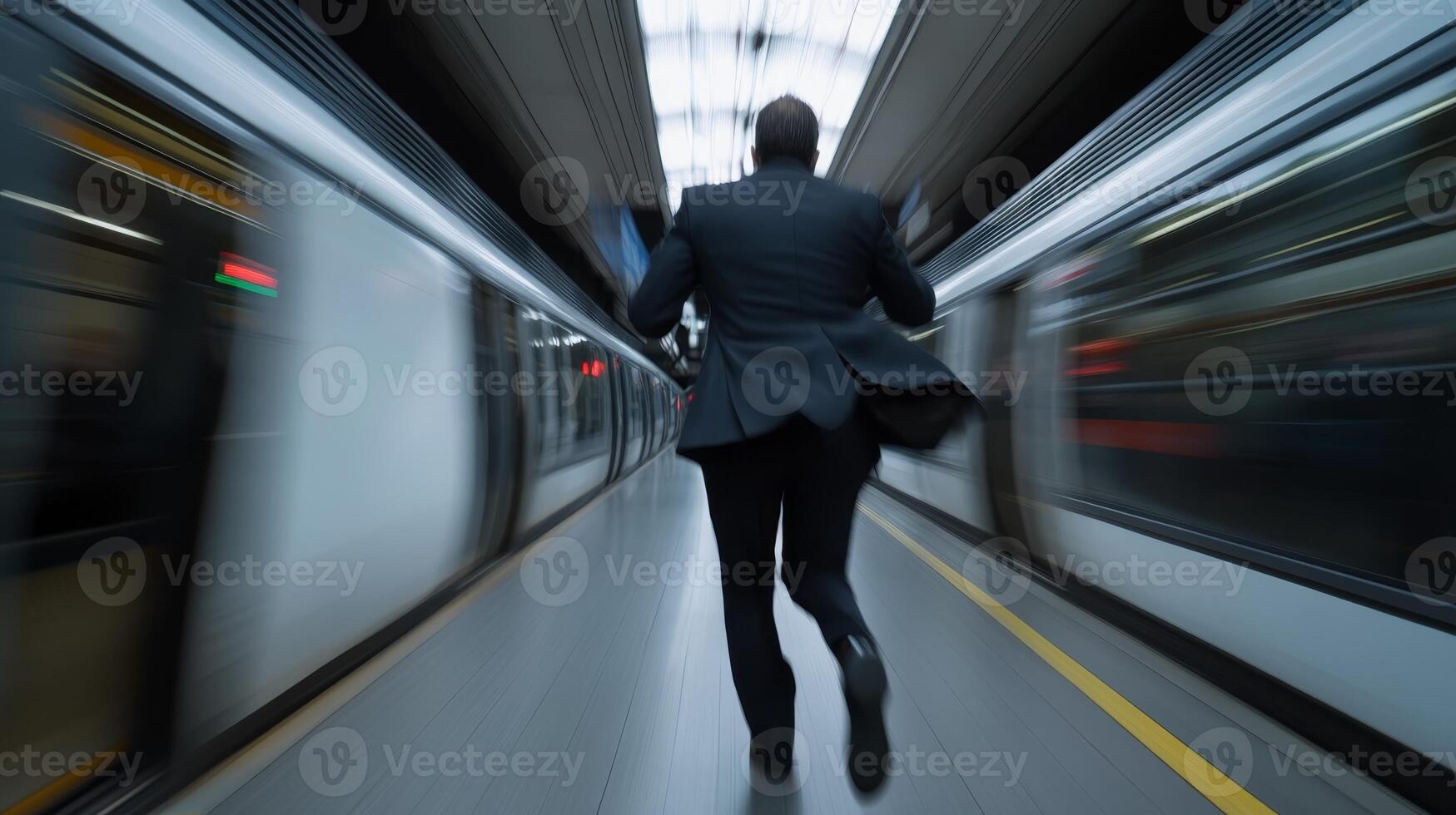 Businessman rushing to catch the subway train during morning commute in an urban setting photo