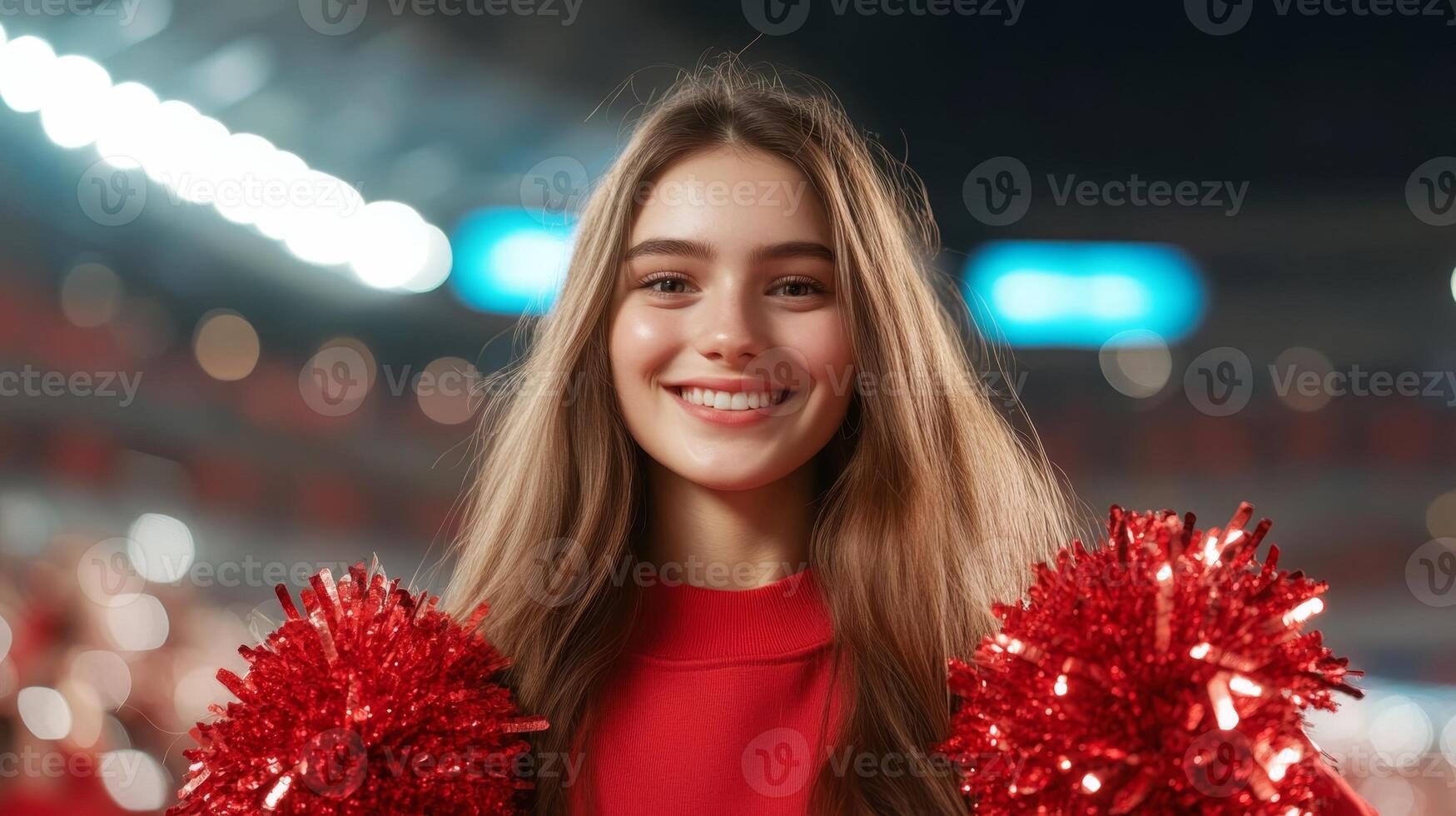 Cheerleader performing at a vibrant sports event with enthusiastic crowd and strong team spirit during an evening match photo