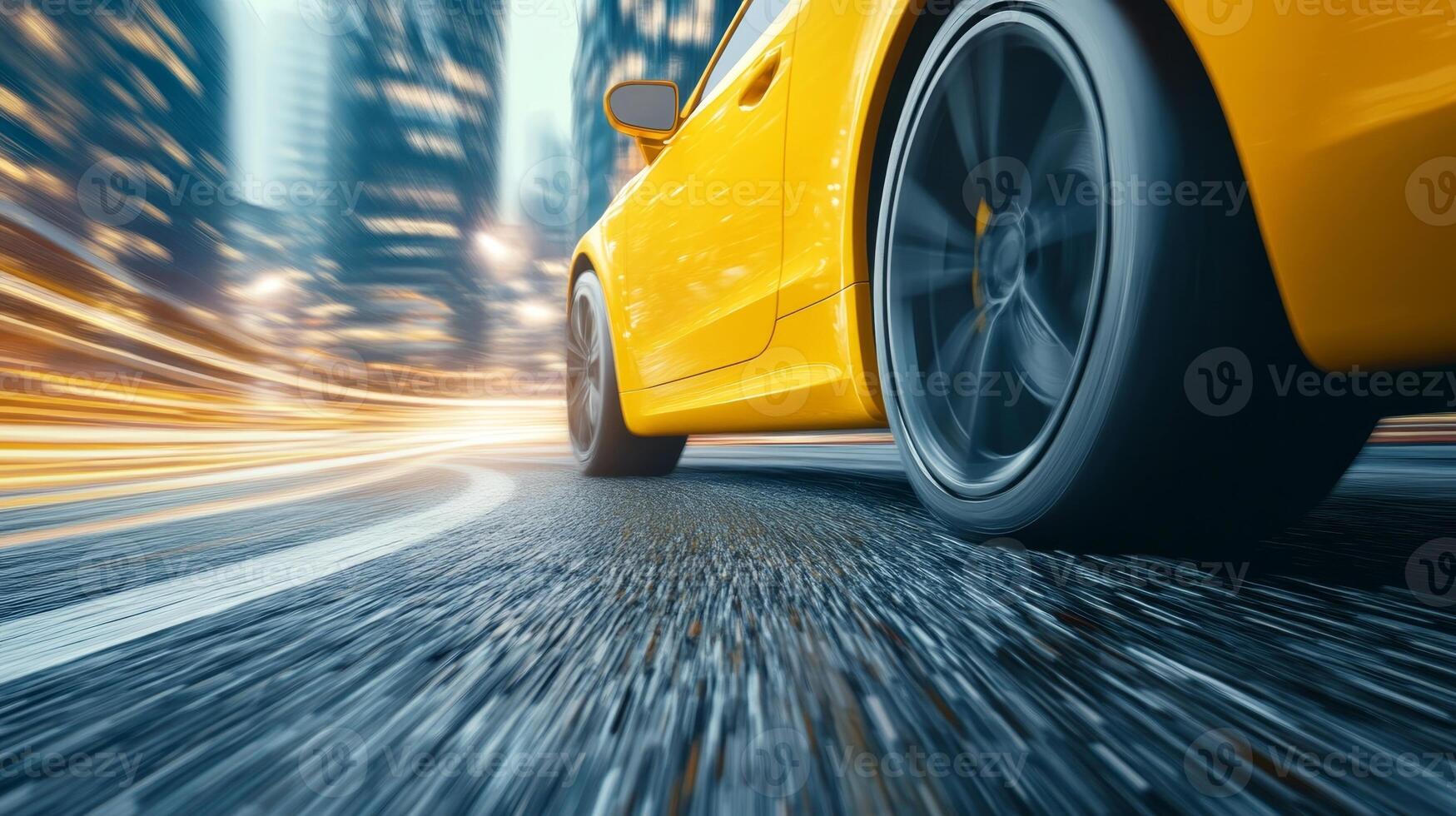 High-speed yellow sports car racing through a city street at night with motion blur showcasing dynamic energy photo