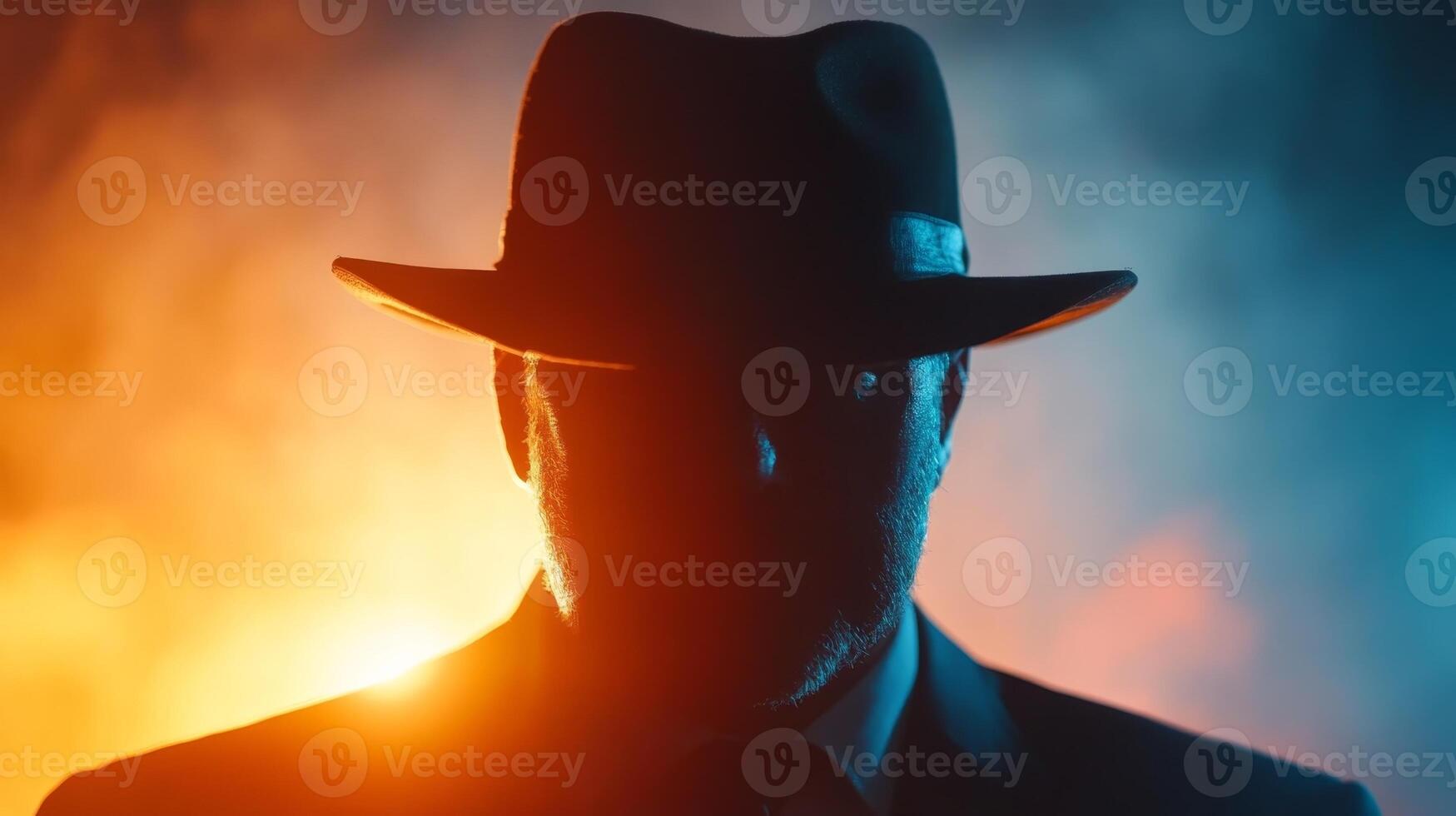 Mysterious man in a hat silhouetted against colorful smoke, creating an enigmatic and dramatic atmosphere photo
