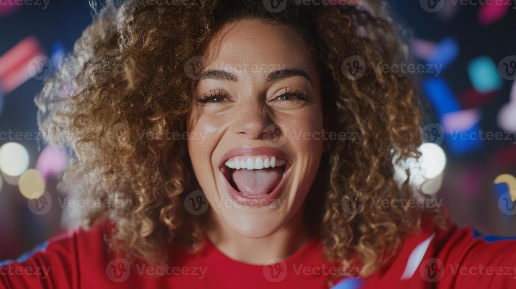Excited woman celebrating at a lively event with colorful confetti in the background during nighttime festivities photo