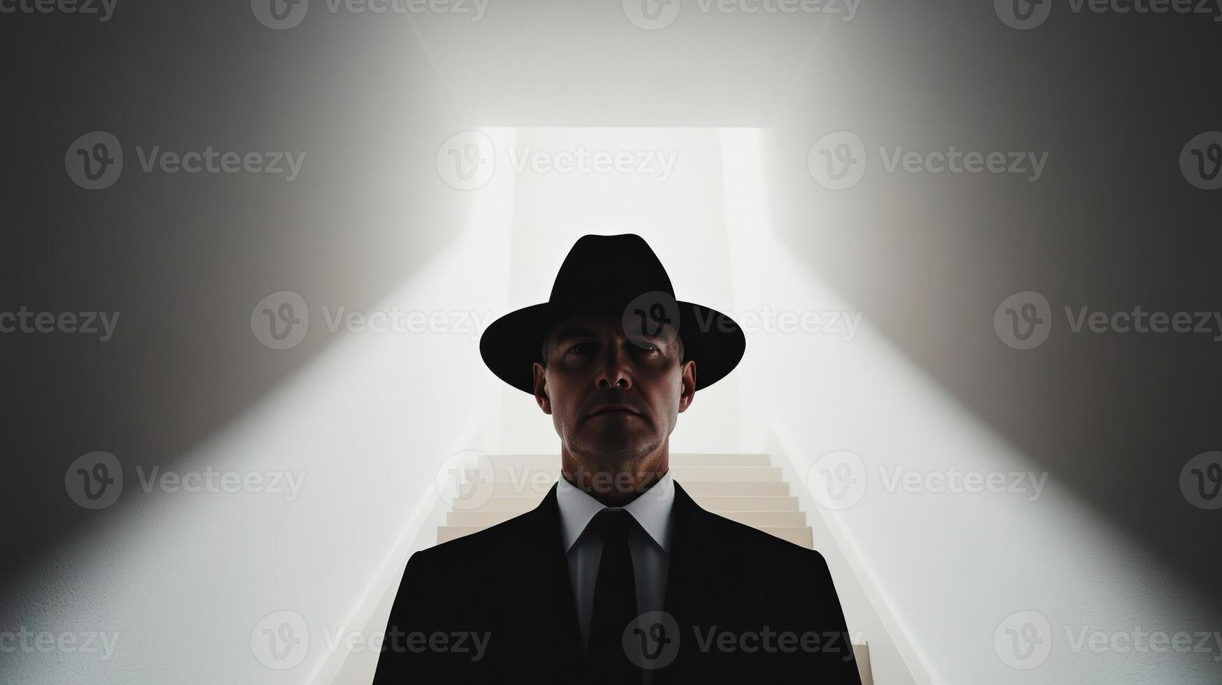 Silhouette of man in suit and hat standing at the top of stairway illuminated by bright light photo