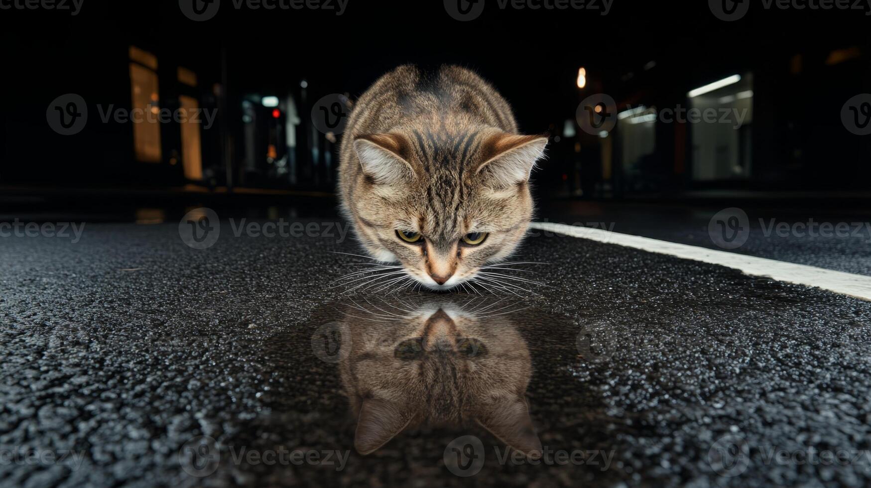Cat exploring a dark urban street at night, reflecting in a puddle on the asphalt surface photo