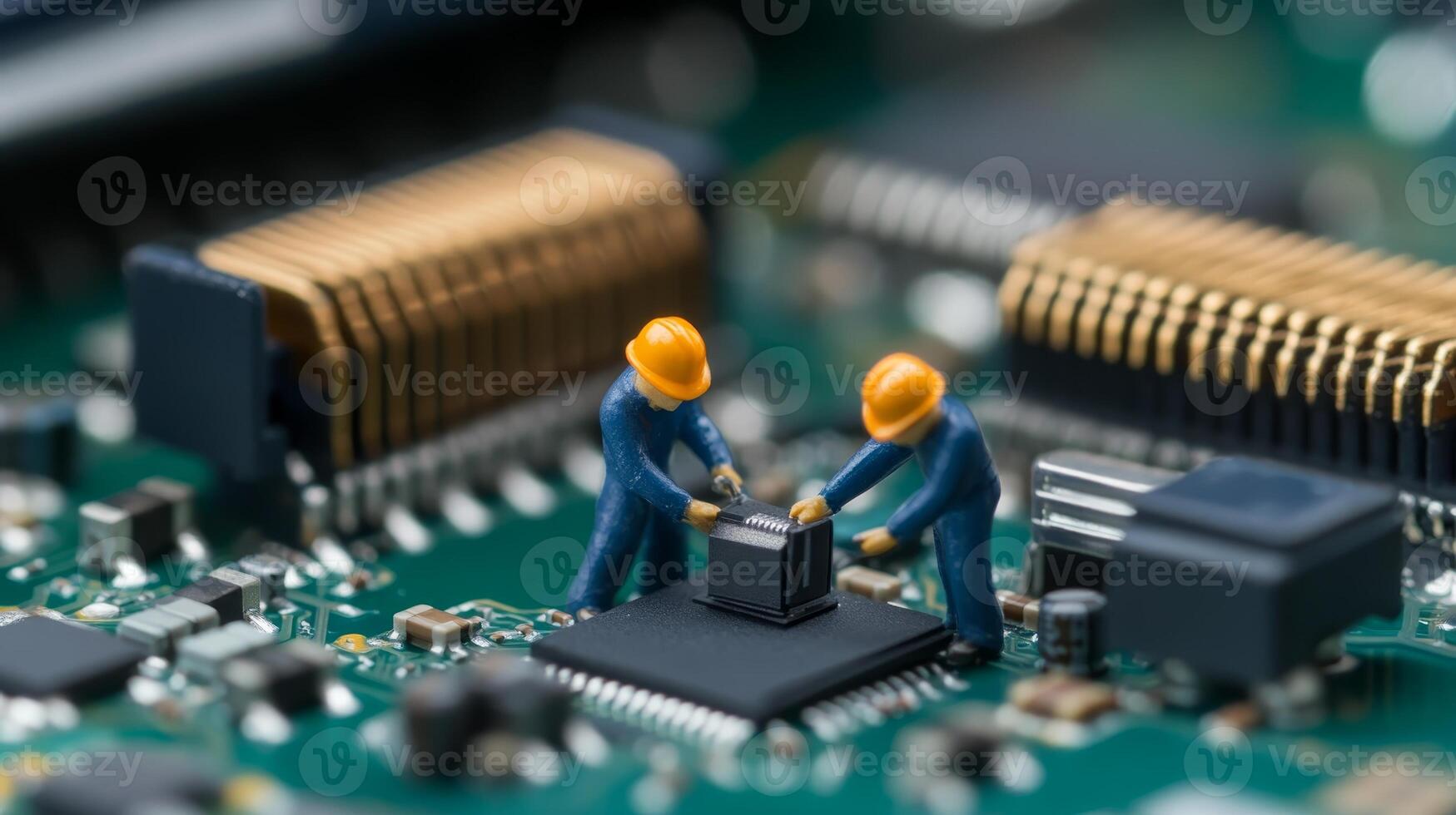 Two small figurines in safety helmets are busy assembling a microchip atop a green circuit board, showcasing intricate electronic components in a workshop setting photo